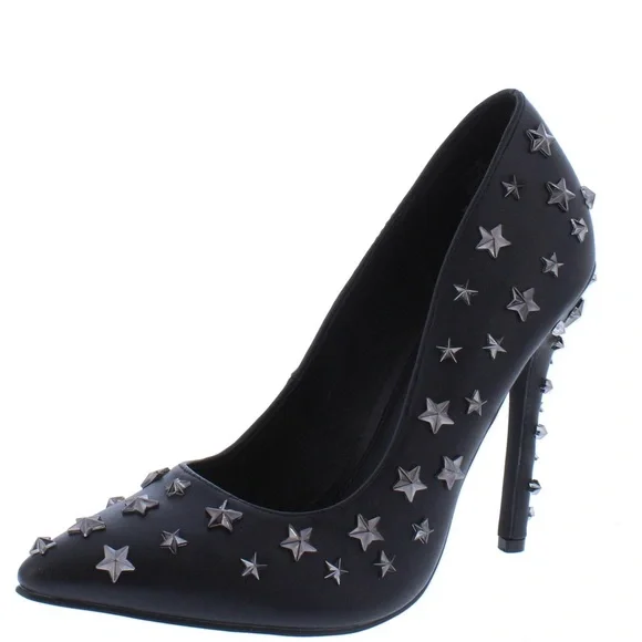 Black Vegan Leather Crystal Embellished Pointed Toe High Heel Stiletto Pump - Picture 4 of 4